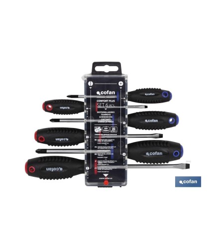 Juego de 3 destornilladores planos y 3 destornilladores Phillips | Modelo Comfort plus | En estuche especial con colgador