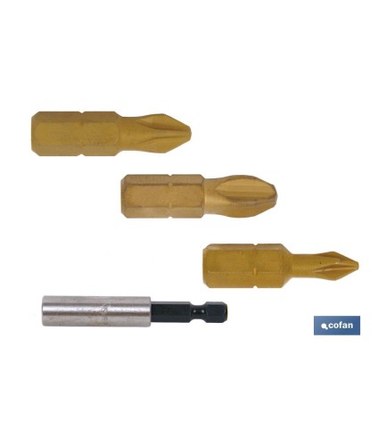 Kit de puntas de Titanio 1/4 PH para atornillar y adaptador | Contenido 3 puntas Phillips y un adaptador