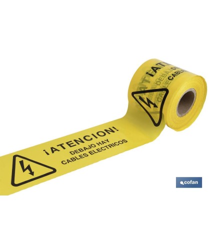 Cinta de balizamiento no adhesiva | Color amarillo | Texto ATENCIÓN CABLES ELÉCTRICOS | Medida: 150 mm | Longitud: 250 metros |