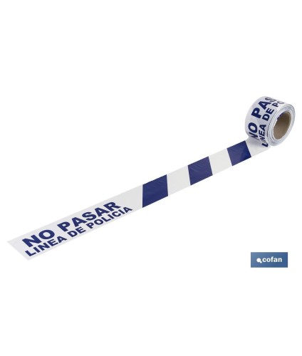 Cinta de balizamiento no adhesiva | Color azul y blanco | Texto: NO PASAR LÍNEA DE POLICíA | Medida: 80 mm | Longitud: 100 metr