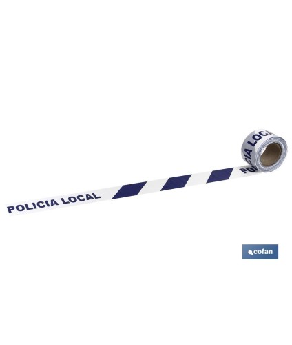 Cinta de balizamiento no adhesiva | Color azul y blanco | Texto: POLICÍA LOCAL | Medida: 80 mm x 100 metros de longitud | Galga