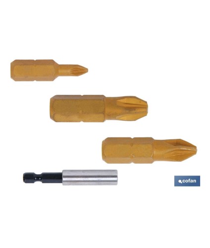 Kit de puntas de atornillar de Titanio 1/4 PZ y adaptador | Contenido 3 puntas Pozi drive y un adaptador