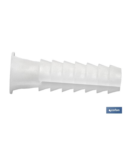 Taco de LDPE blanco estriado | En bolsitas de 100 unidades | Ideal para huecos y macizos | Medidas desde Ø 5 hasta 12 mm