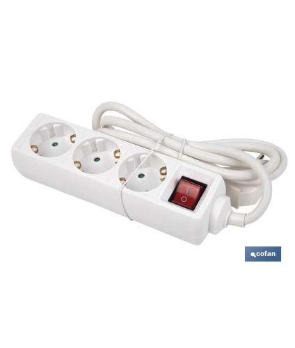 Base múltiple bipolar de 3 tomas para enchufes | Cable de 1,4 m | Interruptor de encendido