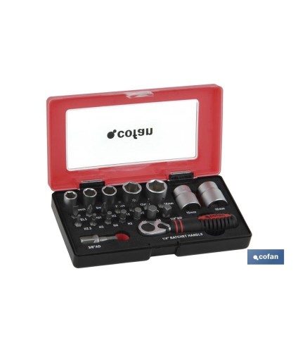 Set mini carraca, vasos y puntas 1/4 23 pcs.