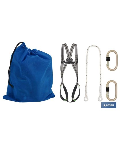 Conjunto arnés completo | 2 puntos anclaje | Cuerda seguridad | 2 mosquetones | EN 361/EN 354/EN 362