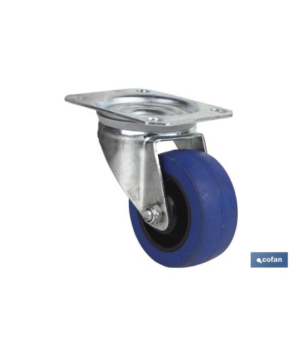 Rueda de goma azul y placa giratoria | Con cojinete de rodillo | Para pesos de hasta 150 kg y diámetros de 80, 100 y 125 mm
