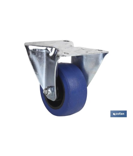 Rueda de goma azul fija | Con cojinete de rodillo | Para pesos de hasta 150 kg y diámetros de 80, 100 y 125 mm
