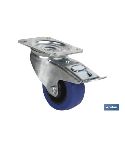 Rueda de goma azul giratoria con freno | Con cojinete de rodillo | Para pesos de hasta 150 kg y diámetros de 80, 100 y 125 mm