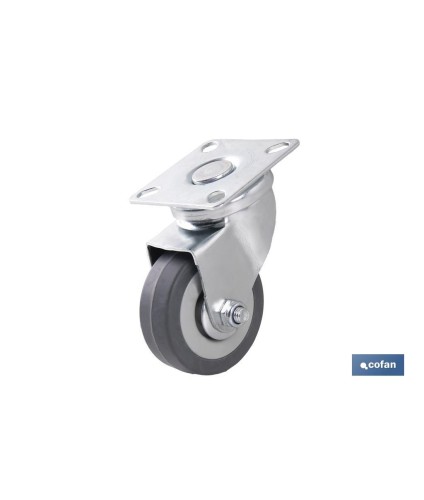 Rueda de goma gris con placa giratoria | Diámetros desde 50 mm hasta 75 mm | Para pesos máximos desde 36 kg hasta 45 kg