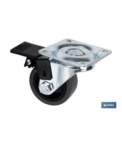 Rueda de goma gris con placa giratoria y freno | Diámetros desde 50 mm hasta 75 mm | Para pesos desde 36 kg hasta 45 kg