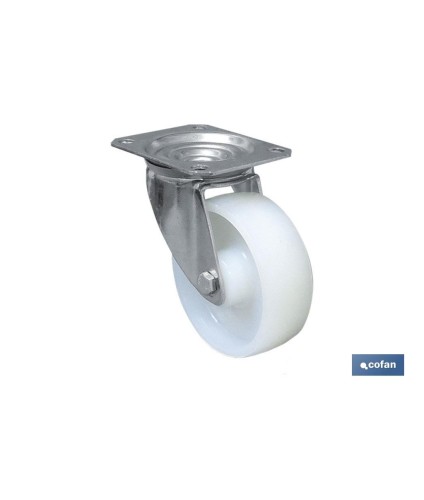 Rueda de nylon y placa giratoria | Con cojinete liso | Para pesos de hasta 150 kg y diámetros de 80, 100 y 125 mm