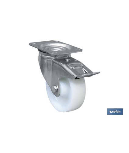 Rueda de nylon con freno y placa giratoria | Con cojinete liso | Para pesos de hasta 150 kg y diámetros de 80, 100 y 125 mm