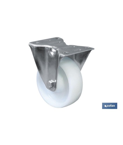 Rueda de nylon fija giratoria | Con cojinete liso | Para pesos de hasta 150 kg y diámetros de 80, 100 y 125 mm