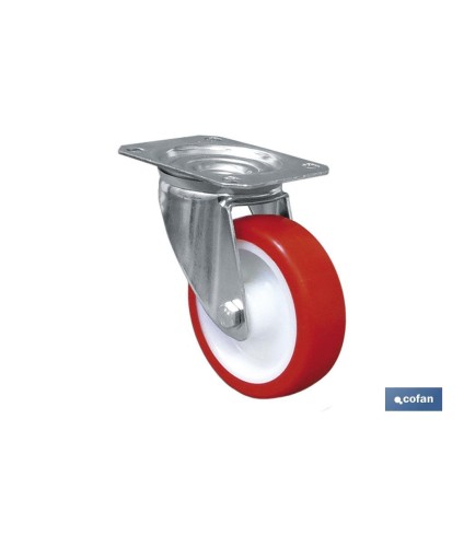 Rueda de poliuretano y placa giratoria | Con cojinete liso | Para pesos de hasta 150 kg y diámetros de 80, 100 y 125 mm