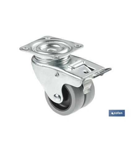 Rueda doble de polipropileno con placa de 60 mm | Diámetro de 50 mm con freno | Para pesos de hasta 70 kg