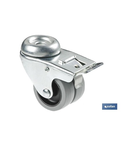 Rueda doble de polipropileno con agujero pasante de 12 mm y freno | Diámetro de 50 mm | Para pesos de hasta 70 kg