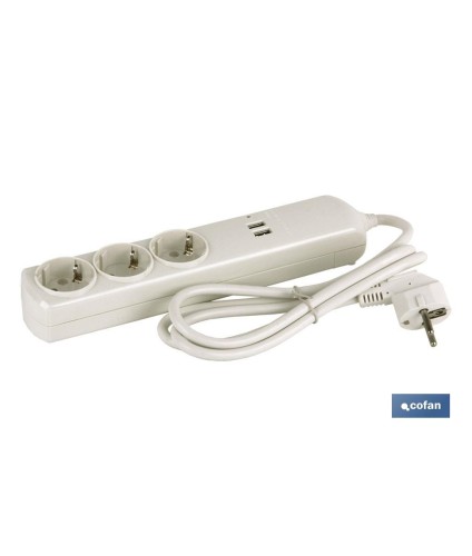 Base múltiple de 3 tomas | Incluye 2 puertos USB | Cable de 1,5 metros de longitud