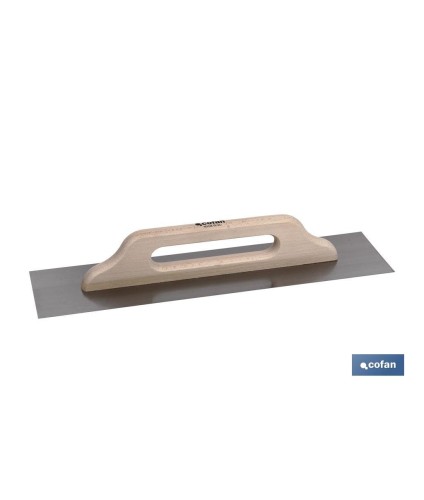 Llana extra larga para microcemento | Medidas: 500 x 120 x 0,4 mm | Fabricada en acero inoxidable | Mango de madera