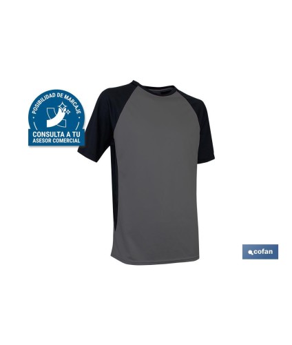 Camiseta transpirable | Composición 100% Poliéster | Color Gris-Negra | Gramaje 160 g/m2 | Tallas desde la S a la XXXL