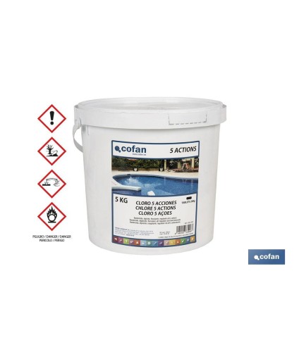 Cloro 5 Acciones para piscinas | Tabletas de 200 gramos | Envases de 5 kilos