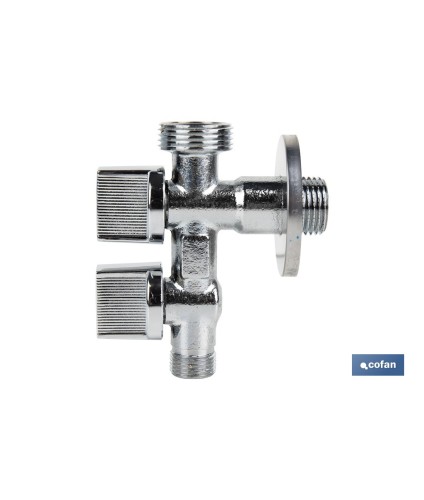 Válvula de Escuadra con Doble Salida | Medidas: 1/2 x 1/2 x 3/8 | Fabricada en Latón CW617N | Rosca de Entrada a Gas