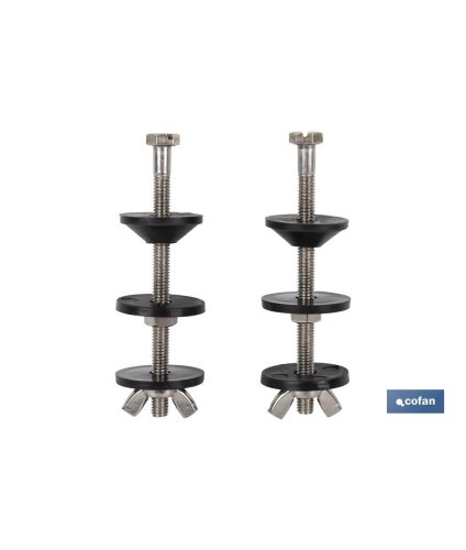Conjunto de Tornillos | Fijación de Taza o Cisterna | M6 x 90 | Compuesto de 2 tornillos, Arandelas, Juntas y Palomillas