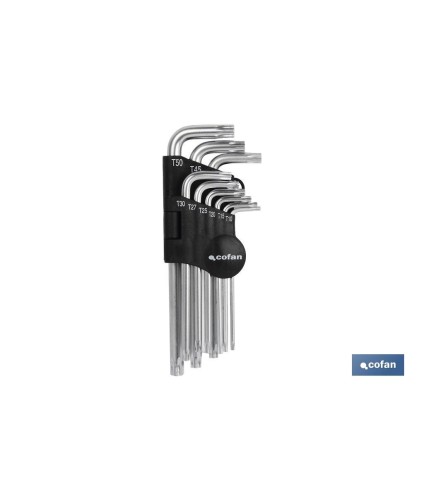 Juego de 9 llaves acodadas Torx | Versión larga | Contenido de medidas desde T-10 hasta T-50
