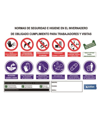 Cartel Multiseñal | Normas de seguridad e higiene para invernaderos | Medida 1000 x 700 mm