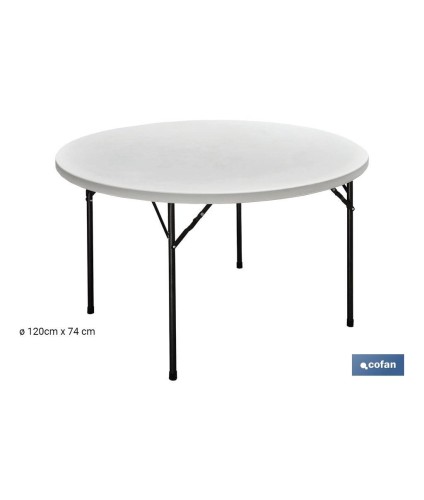 Mesa plegable redonda de color blanco | Peso máximo: 150 kg | Adecuada para 8 personas | Medidas abierta: Ø120 x 74 cm