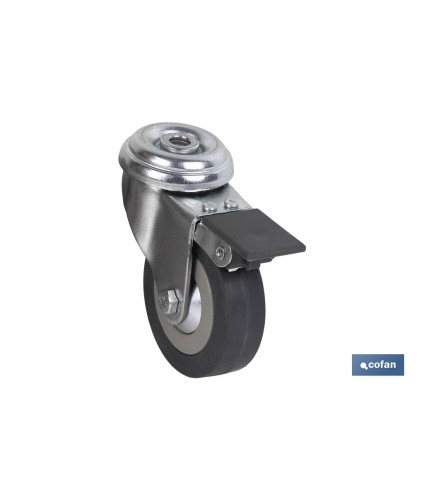 Rueda de goma gris para tornillo pasante y con freno | Diámetros desde 30mm hasta 75 mm | Para pesos desde 25 kg hasta 45 kg