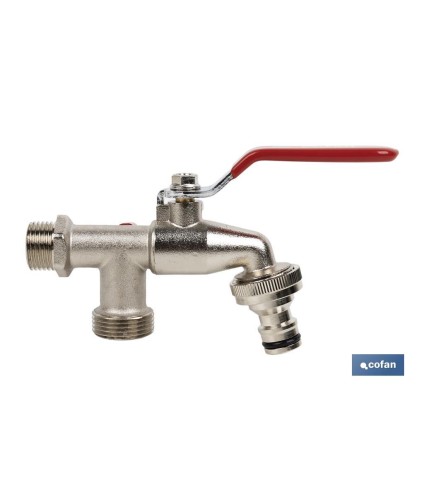 Grifo con maneta y doble salida | Medidas: 1/2 x 3/4 x 3/4 | Adecuado para manguera | PN: 25 bar