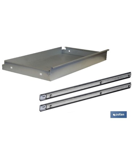 Cajón de acero galvanizado | Adecuado para bancos de trabajo | Incluye guías telescópicas | Medidas: 11 x 107,5 x 59 cm