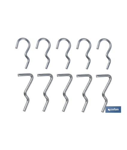 Set de 10 ganchos simples | Adecuado para panel de herramientas perforado | Varias medidas | Material: acero zincado
