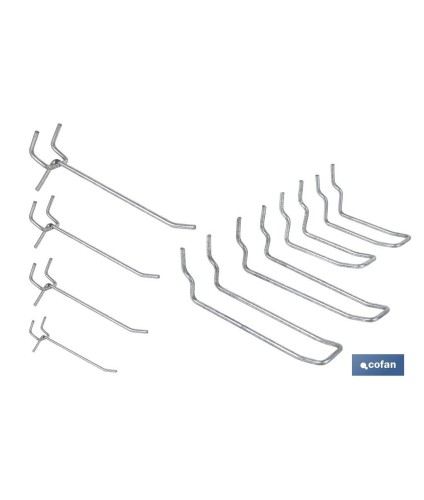 Set de 8 ganchos dobles | Adecuado para panel de herramientas perforado | Material: acero zincado