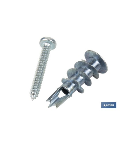 Taco de Zamak metálico con tornillo DIN 7981 para Placas | Para fijaciones en paneles de cartón yeso