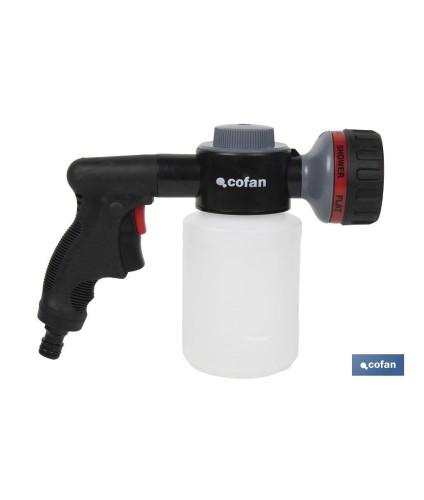 Pistola de riego con 6 posiciones ajustables y depósito para dispensador de jabón de 500 ml