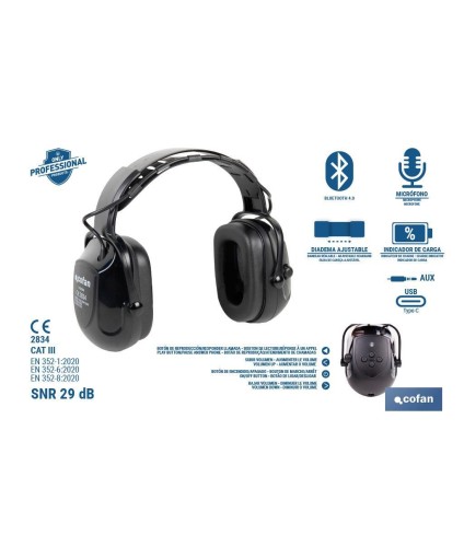 Cascos antirruido con Bluetooth | Reducción de sonido (SNR) 29 dB | Protección auditiva con micrófono y control de volumen