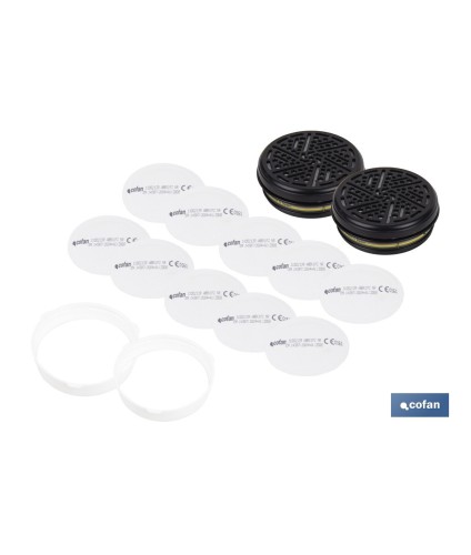 Set de filtro combinado: 2 filtros A1B1E1K1 + 10 Prefiltros P2 NR | Protección respiratoria de alta eficacia