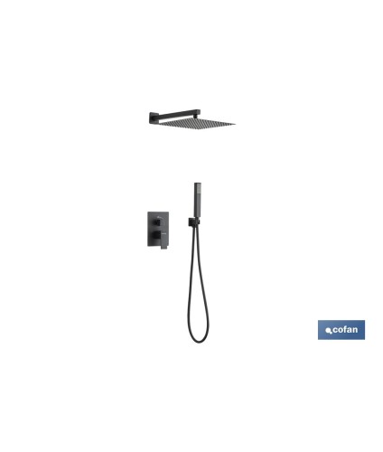 Conjunto de ducha empotrada en color negro | Ducha monomando 2 vías | Instalación en la pared | Diseño cuadrado | Rociador con 