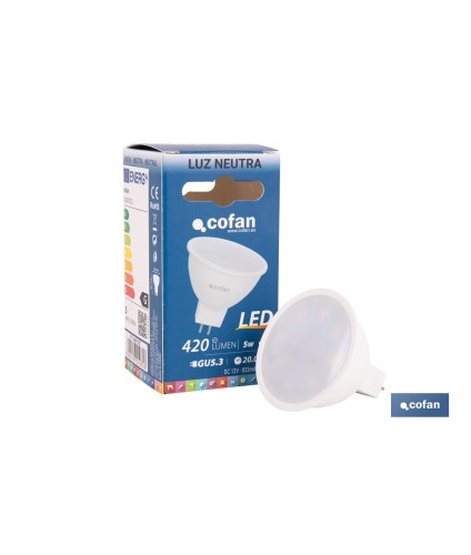 Lámpara LED COB GU-5.3 5W | 4000 K Luz Neutra | 420 lúmenes | Ángulo de 110° | 12V DC | Ahorro Energético del 90% | +50.000 Enc