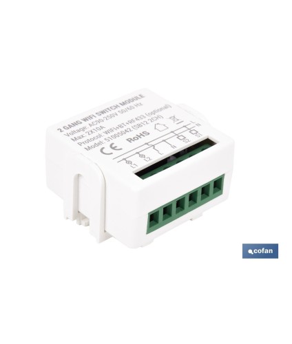 Relé inteligente de 2 interruptores WiFi | Aplicación: Smart Life o Tuya | Conectividad WiFi + Bluetooth | Para luces de hasta 