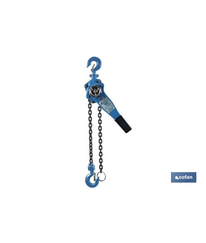 Polipasto manual de palanca | Altura de elevación: 1,5 m | Color: azul | Palanca ergonómica | Gancho resistente | Disponible en