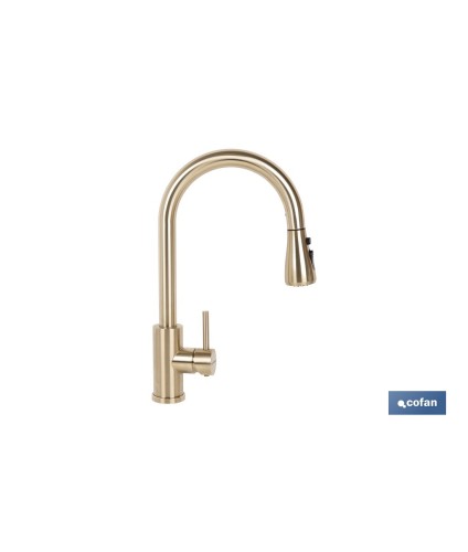 Grifo de cocina extensible dorado con 3 funciones y giro 360° | Material: acero inoxidable | Acabado cepillado | Cartucho cerám