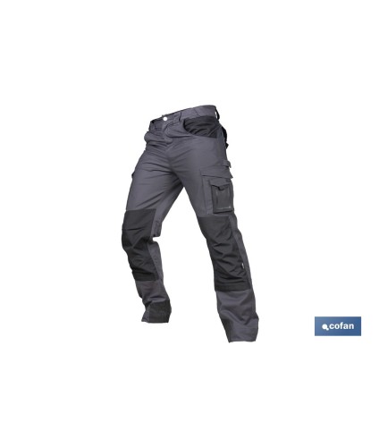 Pantalón de trabajo modelo Heimdall en gris oscuro y negro | Elástico, reforzado con múltiples bolsillos | Materiales: 65 % pol