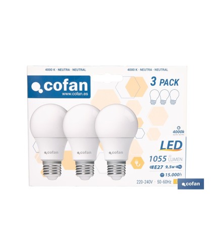 Pack de 3 bombillas LED classic E27 de luz neutra 4000K Potencia 9,5 W y 1055 lúmenes | Ahorro de energía y larga duración 15.0