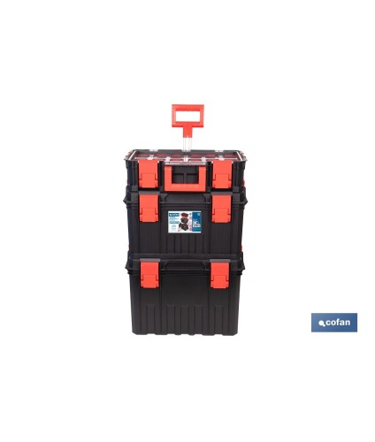Set modular con 3 cajas de herramientas | Con ruedas, asa telescópica, módulos apilables | Medidas: 53 x 35,5 x 82,5 cm
