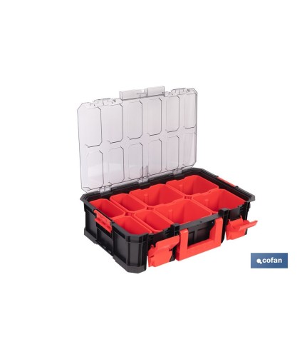Caja de herramientas modular con organizadores | Tapa de policarbonato | Incluye 8 compartimentos | Capacidad de carga: 20 kg |