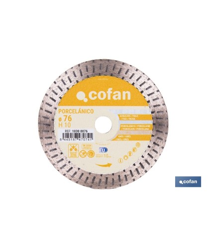 Disco de diamante porcelánico Ø76 mm | Corte en seco de gres, cerámica y azulejos | Compatible con mini amoladora Cofan