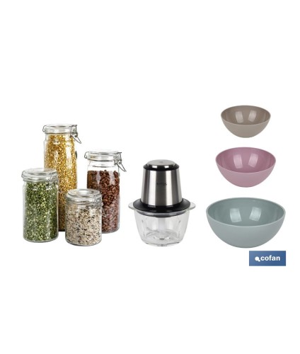 Pack de picadora eléctrica 400 W 1,2 l, 4 tarros herméticos de vidrio, 3 bols de cocina multiusos